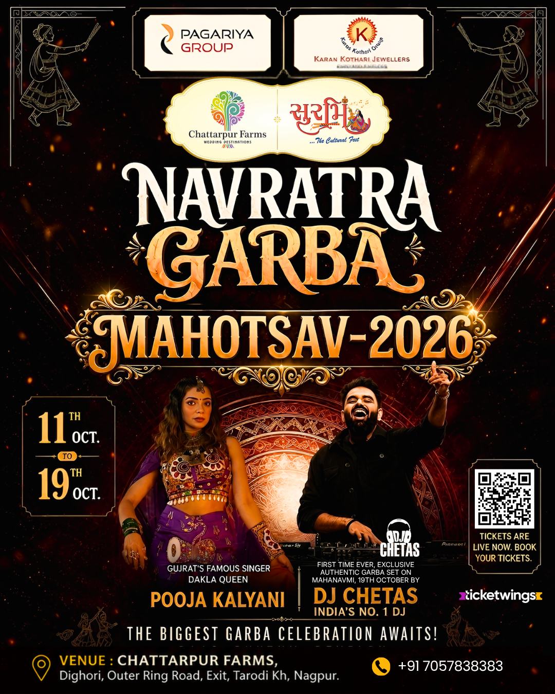 Official Surbhi Navratra Garba Mahotsav 2026 flyer: “The biggest Garba celebration awaits!” 11 to 19 October, Chattarpur Farms, Nagpur. Pooja Kalyani all nine nights and DJ Chetas on Mahanavmi, 19 October. Presented by Pagariya Group and Karan Kothari Jewellers.